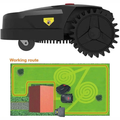 Side view of Smart Robot Lawn Mower With App Control And Auto Recharge, WiFi Connected, above diagram of mowing route in garden.