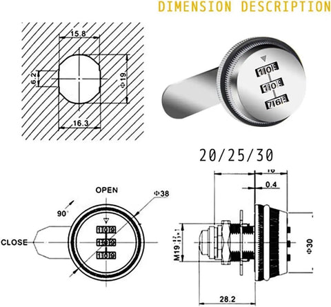 Technical dimensions of Keyless 3 Digit Cam Lock No Key Needed For Mailbox And Cabinet 20mm Zinc Alloy Password Lock.