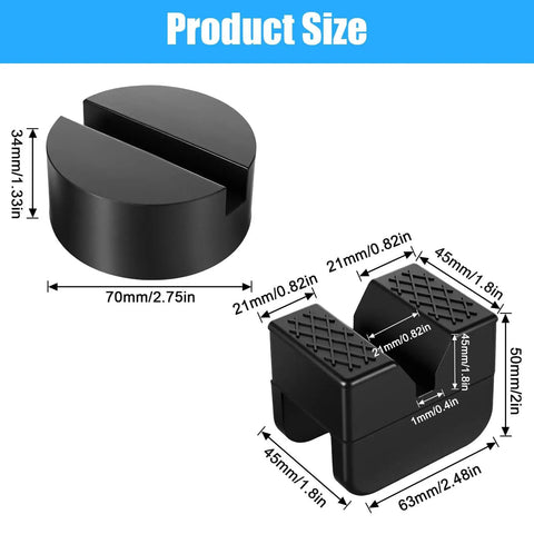 Universal Rubber Jack Stand Pads 8 Pack With Round And V Groove Designs dimensions and design features