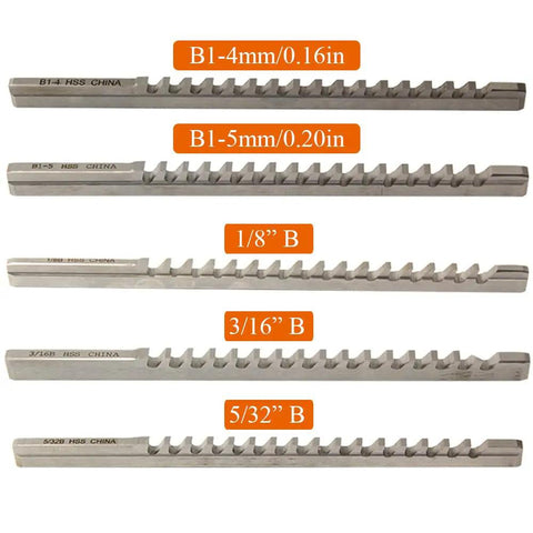 Five sizes of push type keyway broach with shim five thirty seconds inch high speed steel for a go to keyway slot cutting tool