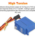 Heavy Duty Digital RC Servo 26 Grams With Full Metal Gears And Rugged Sandblasted Housing Built Like A Tank For High Voltage Radio Control Cars Trucks And Buggies - Blue servo with wires, compact design.
