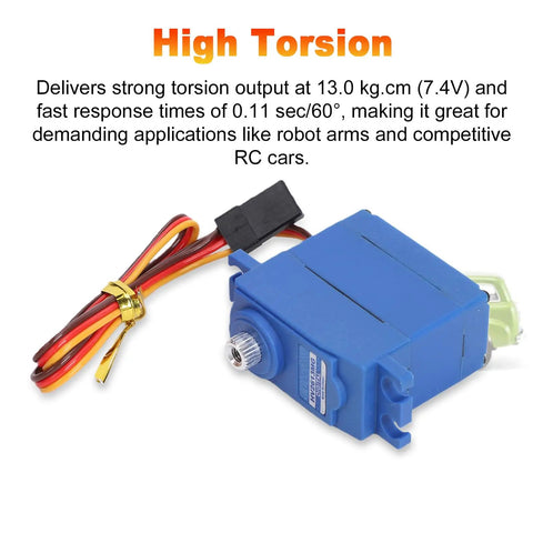 Heavy Duty Digital RC Servo 26 Grams With Full Metal Gears And Rugged Sandblasted Housing Built Like A Tank For High Voltage Radio Control Cars Trucks And Buggies - Blue servo with wires, compact design.