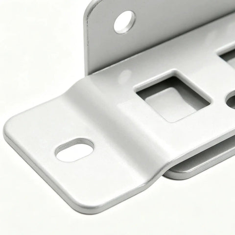 Close-up of Beefy Heavy Duty Removable L Shaped Cabinet Brackets With Screws, showing concealed fastening and metal design.