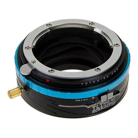 TLT ROKR Tilt Shift Lens Mount Adapter for Nikon F G-Type Lenses to Micro Four Thirds Cameras, All Metal Construction with 10 Degrees Off-Axis Tilt, 20mm Shift, and 360 Degree Rotation for Precision Pro-Grade Vintage Lens Versatility on MFT Bodies. All-metal Nikon F to MFT tilt-shift lens adapter shown front view