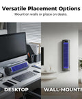 Compact USB Powered Air Cooler For Bedroom And Office With 3 Speed Settings Icy And Extra Cold Modes shown desktop and wall-mounted