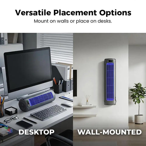 Compact USB Powered Air Cooler For Bedroom And Office With 3 Speed Settings Icy And Extra Cold Modes shown desktop and wall-mounted