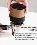 Smart Automatic Espresso Coffee Tamper With Digital Touch Panel Plus Twenty Adjustable Pressure Levels For Precision Ground Compaction and Smooth Shot Results That Totally Hit Different Daily, brown and black unit above portafilter.