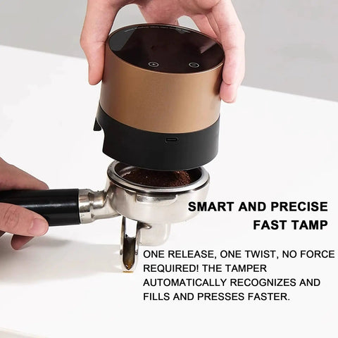 Smart Automatic Espresso Coffee Tamper With Digital Touch Panel Plus Twenty Adjustable Pressure Levels For Precision Ground Compaction and Smooth Shot Results That Totally Hit Different Daily, brown and black unit above portafilter.