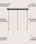 Brass Gold And Black 3-Light Linear Pendant Light For Kitchen Island And Dining Room, Adjustable Height, displayed with features.