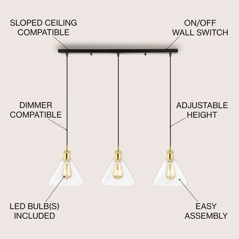 Brass Gold And Black 3-Light Linear Pendant Light For Kitchen Island And Dining Room, Adjustable Height, displayed with features.