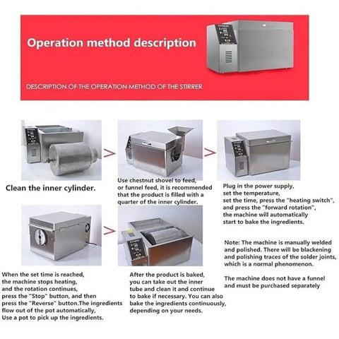 Operation method description for Heavy Lifter Electric Coffee Bean And Nut Roaster With Stainless Steel Heating Tube.