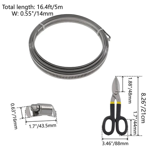 Premium 304 Stainless Steel Hose Clamp Strap With Cutter, 16.4ft Adjustable Metal Banding Tool For Auto Repair And Plumbing Projects That Rock. Coiled 5m steel band with cutter and clamp