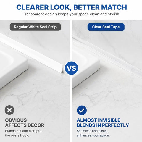 Crystal Clear Self Adhesive Waterproof Tape For Heavy Duty Sealing Bathtub Shower And Kitchen Sink With Invisible Finish shown against white seal strip.