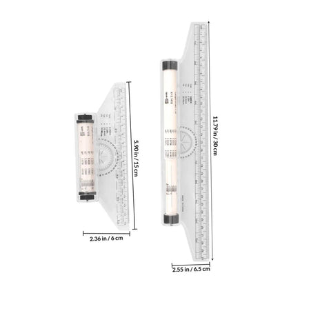 Badass Transparent Rolling Ruler And Drafting Kit For Slick Parallel Lines Precise Protractor Angles Smooth Arc Tracing Multi Function Layout Tool 2 Pack For Creators, clear plastic rulers measuring 11.81x2.55 in and 5.90x2.36 in.