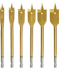 Front view of COMOWARE 6-piece titanium-coated spade drill bit set for wood, sizes 3/8, 1/2, 5/8, 3/4, 7/8, 1 in