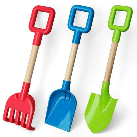 16 Inch Kids Beach Shovel Set 3 Pack With Solid Wood Handles ABS Plastic Digging Spades Rakes And Scoops For Sandbox Snow Backyard Gardening Summer Outdoor Toys Blue Green Red