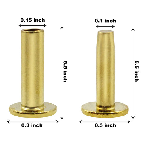Brass Knife Handle Rivets 25 Piece Set for Knife Making High Strength 5/16 by 1/2 Inch Pins showing dimensions and brass finish