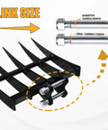 Mini Excavator Rake Attachment For 0.8 To 1.8 Ton Machines, showing link size and bolt dimensions: diameter 0.98 inch, span 4.72 inch