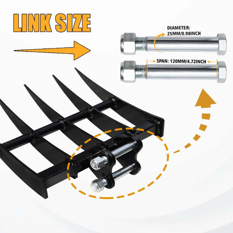 Mini Excavator Rake Attachment For 0.8 To 1.8 Ton Machines, showing link size and bolt dimensions: diameter 0.98 inch, span 4.72 inch