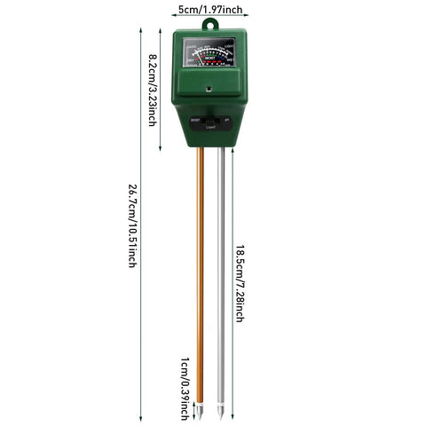 3 In 1 Soil Moisture PH And Light Meter For Indoor And Outdoor Plants Garden Lawn Farm Use Must Have Hygrometer Sensor For Plant Health Watering Schedule And Precise Soil Testing, front view with dimensions