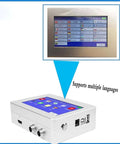 High Speed Online Industrial Inkjet Batch Coder Machine For Printing Date Barcode Logo And Graphic On Production Line interface with language options displayed.