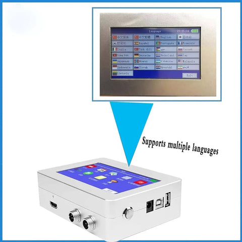 High Speed Online Industrial Inkjet Batch Coder Machine For Printing Date Barcode Logo And Graphic On Production Line interface with language options displayed.