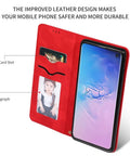 Red leather phone wallet case with card slots and photo holder.