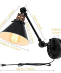 Plug In Wall Sconces Two Pack With Swing Arm, Dimmable Rotary Dimmer Switch, Black Metal Vintage Industrial Lighting for Bedside