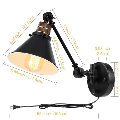 Plug In Wall Sconces Two Pack With Swing Arm, Dimmable Rotary Dimmer Switch, Black Metal Vintage Industrial Lighting for Bedside