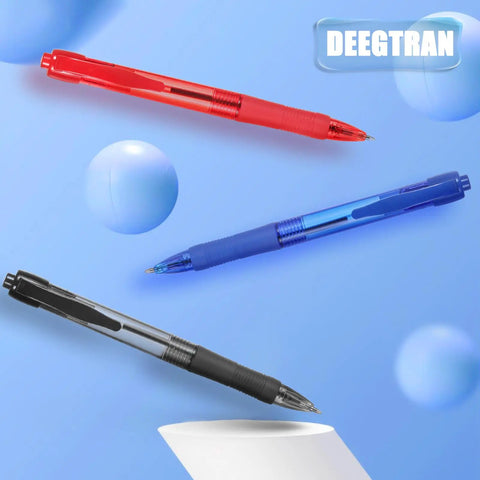 100 Pack Bulk Black Ink Click Pens With Soft Comfort Grip For Office And School Featuring Retractable Design And Zero Bleed Technology Solid Pen Set with blue, red, and black pens.