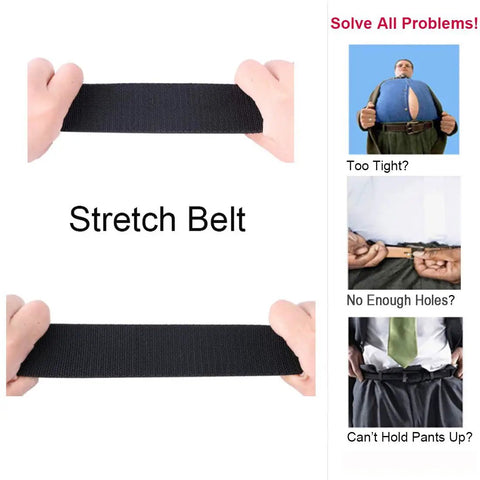 Hands stretching a Mens Tactical Belt With Elastic Stretch Strap And Quick Release Metal Buckle, fits 28 to 32 inch waists.