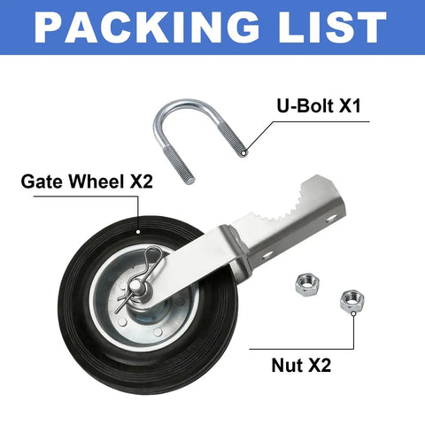 Heavy Duty Gate Wheel For Metal Swing Gate Smooth Rolling Lift With Lock On Non Slip Grip and Built Like A Tank Serrated Mount for Round Pipe Frames in 2 Pack Silver with components.