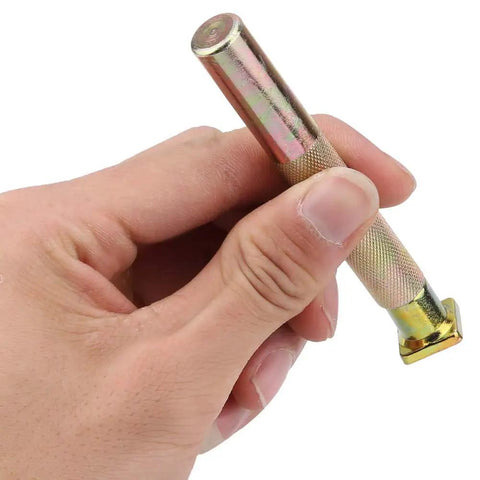 Hand holding a tool from the 13mm Metal Number Stamp Set 0 to 8 With Knock Hammer, Pro Grade Handheld Stamping Tool for Leather, Plastic, and Soft Metals.