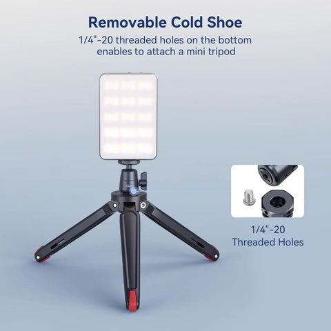 Two Pack Pro Grade Mini Ball Head with removable cold shoe mount on tripod, 1/4 inch threaded holes visible, holding LED light