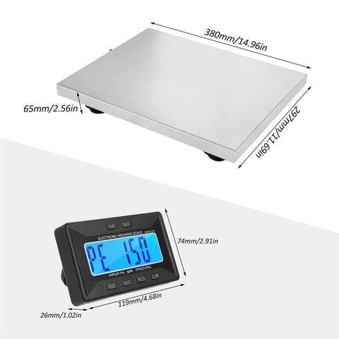 Commercial Grade Digital Shipping Scale With Wireless Display And Bullyproof Stainless Steel Platform 992 Lb Heavy Duty Postal Scale showing dimensions and sturdy platform.