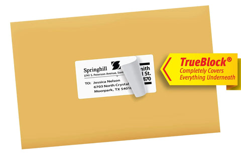 Reliable Printable Shipping Labels 2 X 4 Inch White Custom Sticker Sheets showing usage on a package with TrueBlock coating.