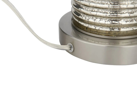 Base detail of Reeded Glass Table Lamp With Metal Base In Antiqued French Silver Mercury Glass Finish, White Linen Drum Shade, 30 Inches Tall