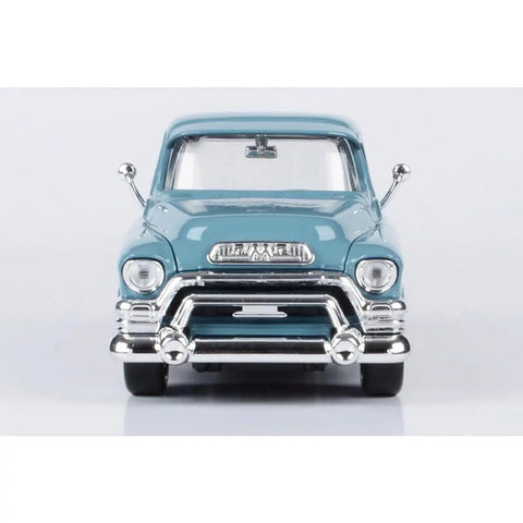Front view of 1955 Blue Chip Pickup Truck Diecast Model Car In Light Blue One Twenty Four Scale With Real Rubber Tires Opens Hood