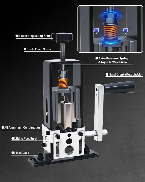 Drill Powered Wire Stripper Machine With No Fuss Manual Crank Option, 0.06 To 1 Inch Wire Stripping Range, side view, labeled parts