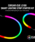Icue LS100 LED Smart Lighting Strip Starter Kit showing RGB strips with vibrant color gradient for gaming and media syncing