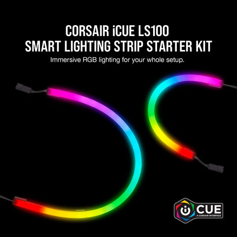 Icue LS100 LED Smart Lighting Strip Starter Kit showing RGB strips with vibrant color gradient for gaming and media syncing