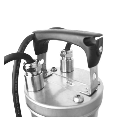 Rock Solid Stainless Steel Sewage Pump For Basement Drainage And Pool Water Transfer compact motor handle and connections view.