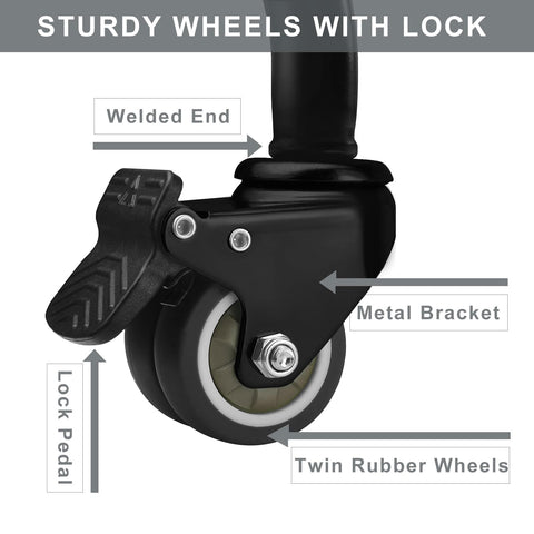 Close-up of dual locking rubber wheels of Built Tough Heavy Duty Shop Stool With Ergonomic Backrest And High Footrest