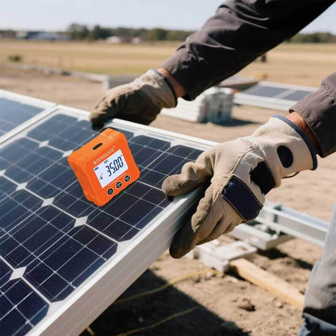 Magnetic Digital Angle Finder For Woodworking And Table Saws 360 Degree Inclinometer Protractor Bevel Gauge in use on solar panel.