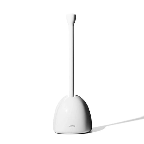 Hassle Free Toilet Plunger With Drip Proof Cover For Zero Mess And Easy Under Sink Storage features a sleek white design.