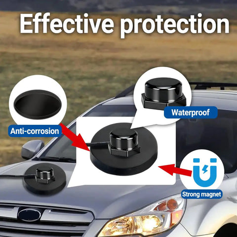 NMO Antenna Mount Magnetic Base 90mm With PL259 Connector 16.4ft Coax Cable displayed on car roof, shows anti-corrosion and waterproof features.