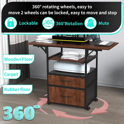 Mobile Heat Press Table With Pull Out Tray And Drawers, Heavy Duty 4 Tier Foldable Cart On Wheels in a crafting workspace