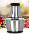 Heavy Duty 350W Electric Meat Grinder And Food Chopper with Stainless Steel Blades, 304 steel bowl with veggies and meat.