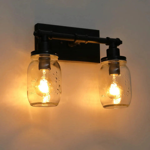 Industrial Mason Jar Vanity Lights 2 Pack With Clear Glass Shades Gold And Black Farmhouse Wall Sconces Over Mirror For Bathroom Bedroom Hallway Living Room Durable Wrought Iron Pipe Fixture Dope Industrial Vibe