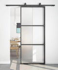 Dope 36-Inch By 84-Inch Frosted Glass Barn Door With Six-Foot Top Mounted Hardware Kit on bathroom wall